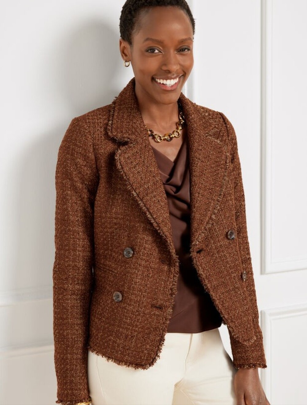 Talbots Fringe Tweed Cropped Jacket Brown Mocha Size 20WP
